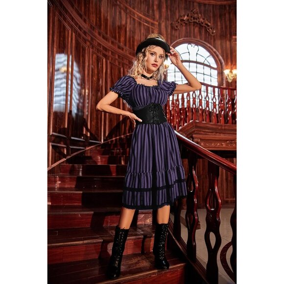 Women's Scarlet Darkness Victorian Renaissance Costume Midi Dress Purple Black - Picture 5 of 8